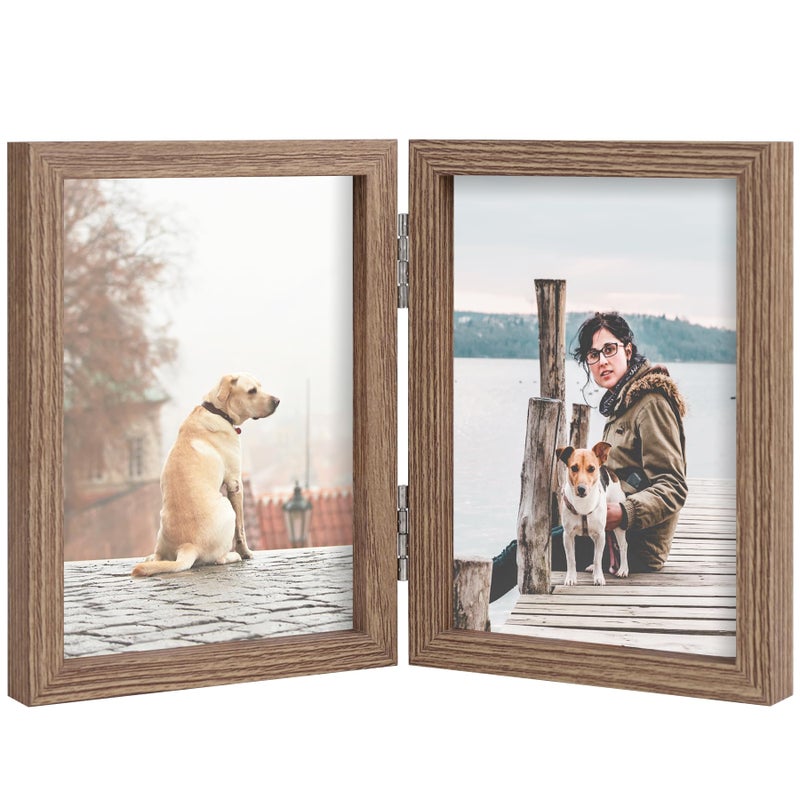 Forev 3.5x5 Double Picture Frame Wooden Hinged Photo Frame Definition Glass Stand Vertically on Desktop or Tabletop - Image 1